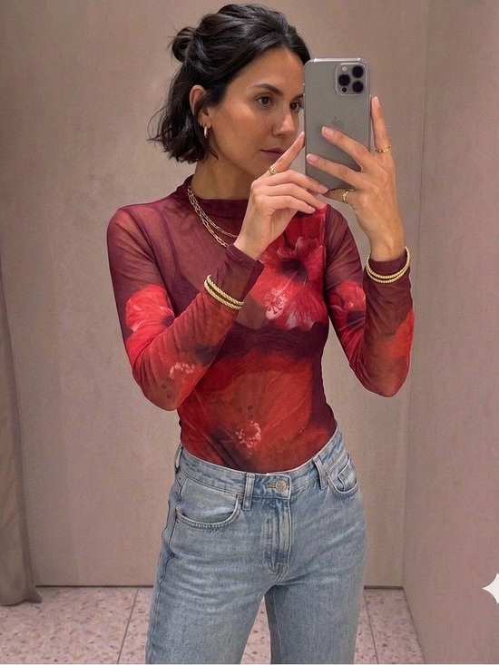 SHEIN Tops - SHEIN Burgundy & Bright Red Floral Long-Sleeve Bodysuit